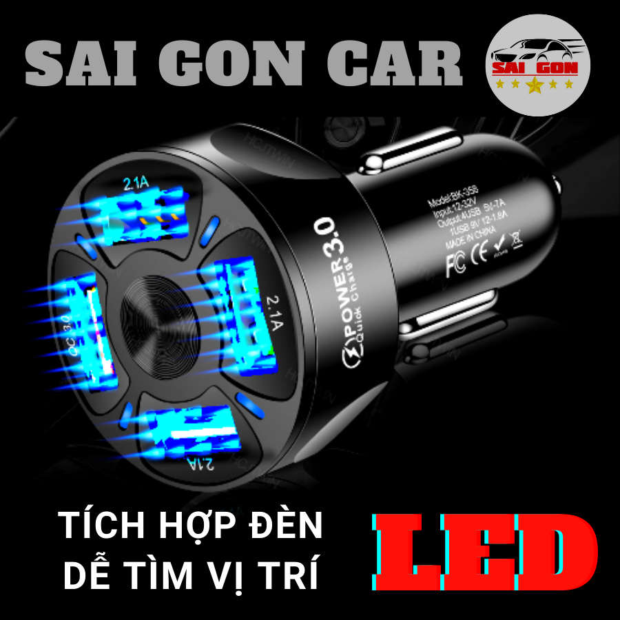 Tẩu sạc nhanh ô tô chia 4 cổng sạc, có tích hợp đèn led, hỗ trợ sạc nhanh QC 3.0, điện áp đầu vào 12V đến 32V