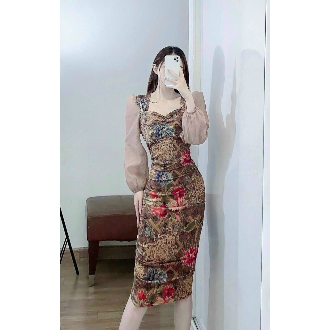 Đầm body họa tiết hoa lá tay phồng thời trang