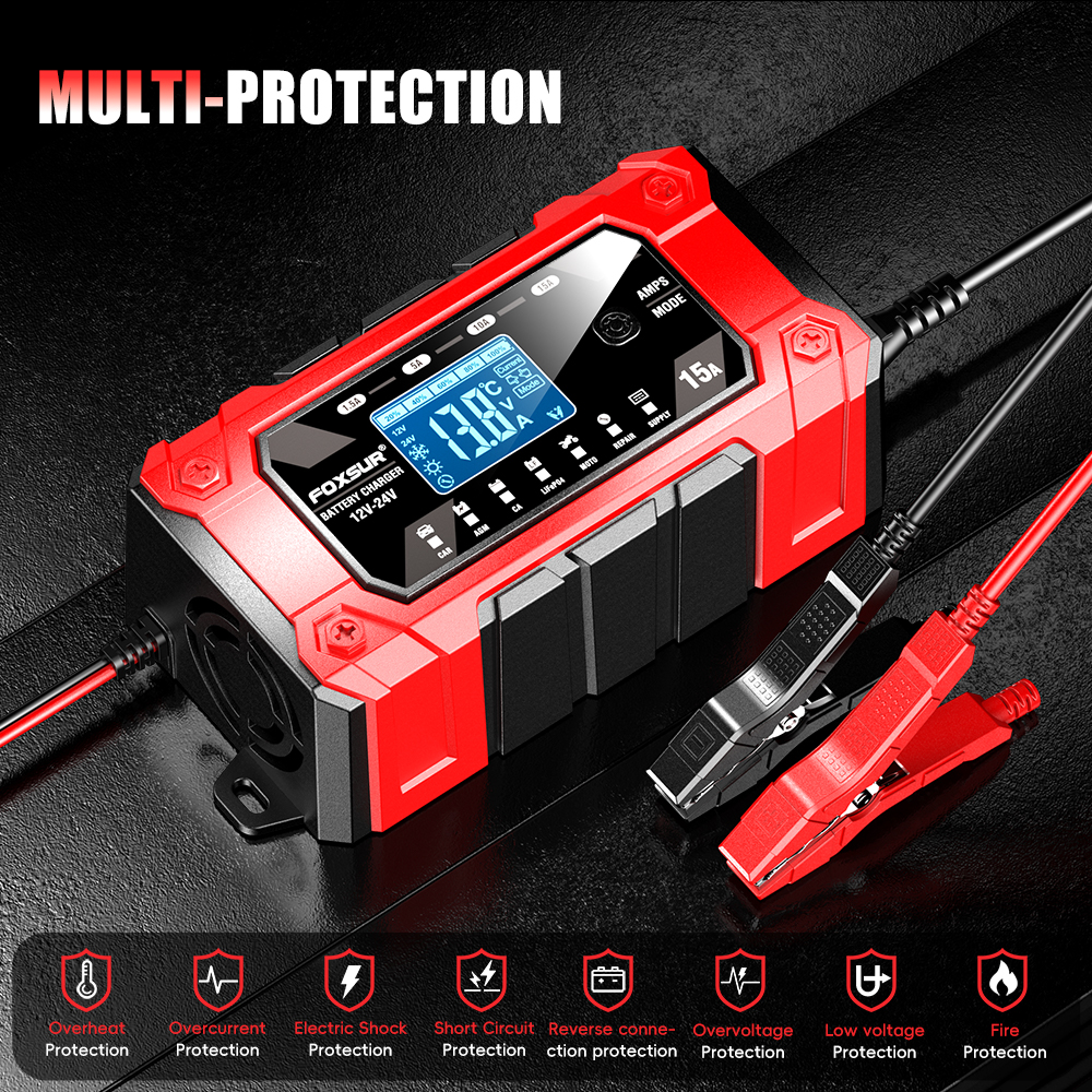 Bộ sạc ắc quy FOXSUR 15D thông minh FBC122415D 12V 15A 24V 5A 6AH - 250AH khử sunfat và tự động ngắt hàng chính hãng
