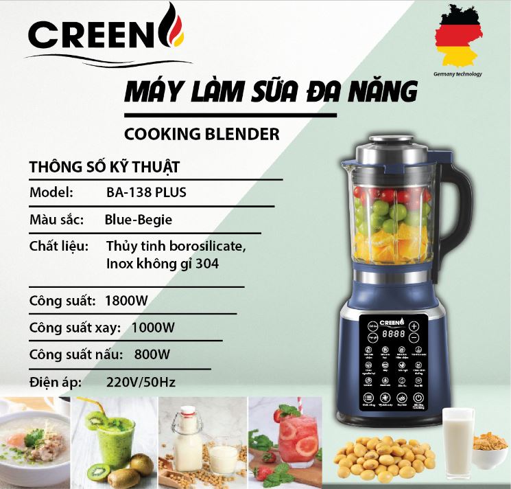 Máy làm sữa hạt đa năng CREEN BA-138 Plus, công suất xay và nấu 1800W, dung tích 1.75L, 16 chức năng - Hàng chính hãng