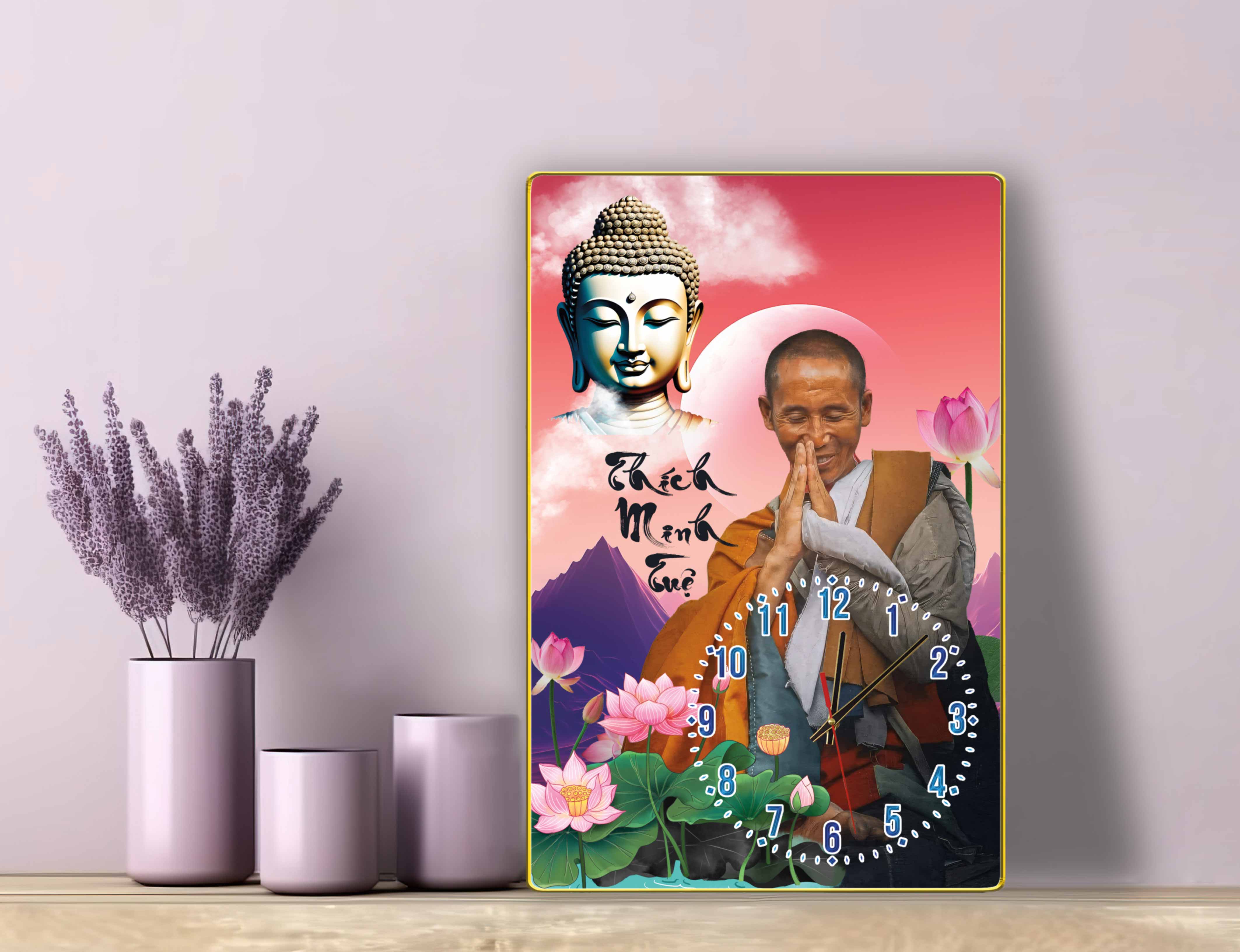 Tranh Đồng Hồ Sư Thích Minh Tuệ để bàn, chất liệu in gỗ tráng gương có bọc viền