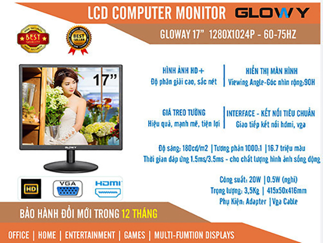 Màn hình LCD 17&quot; Vuông GLOWY GLW17 (VGA-HDMI) - Hàng Chính Hãng