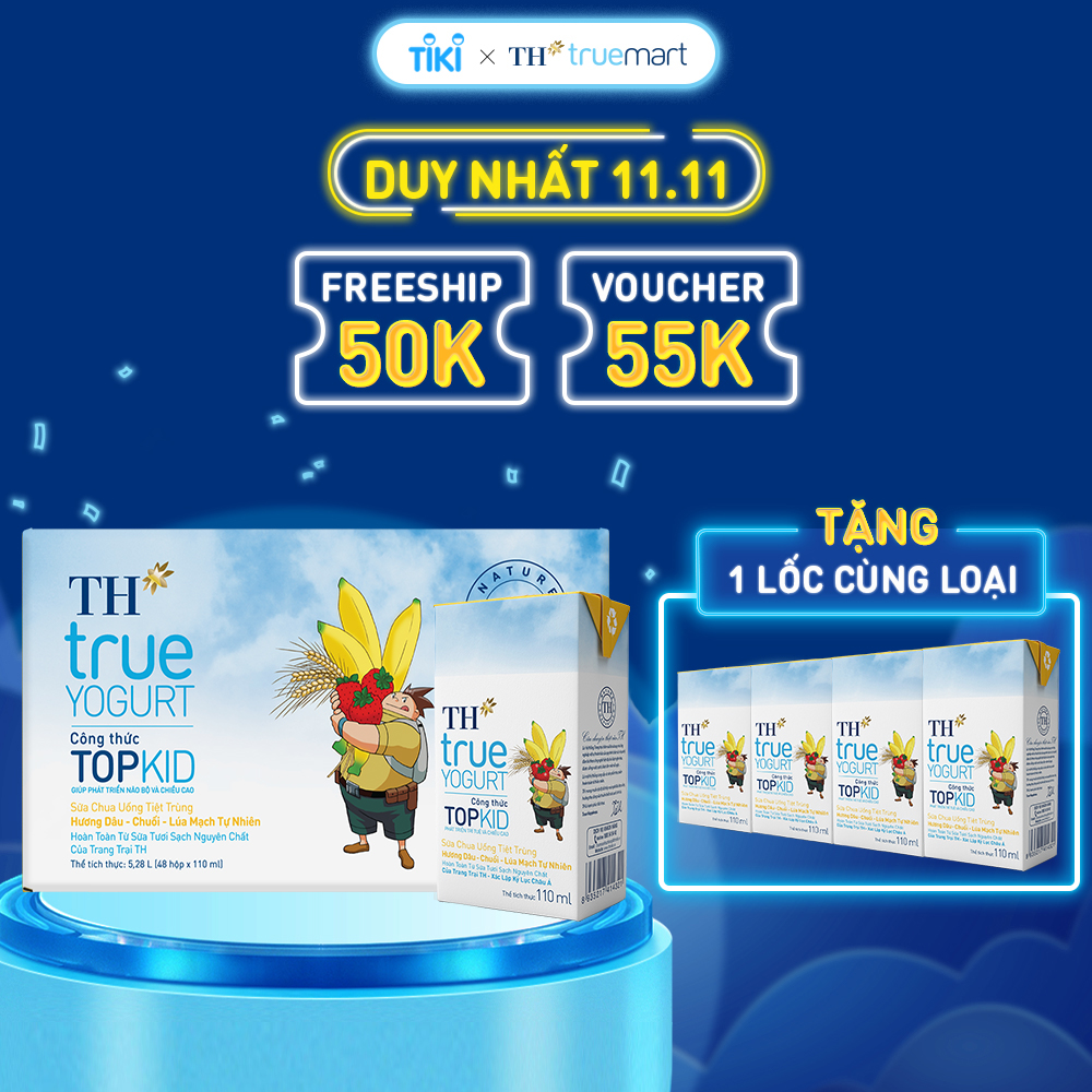 Thùng 48 hộp sữa chua uống tiệt trùng TH true YOGURT TOPKID hương dâu-chuối-lúa mạch tự nhiên 110 ml (110 ml x 48)