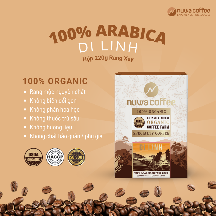 Cà phê Rang Xay(bột) Arabica Hữu Cơ 100% nguyên chất Di Linh, , hộp 220g, chua thanh,vị đắng nhẹ