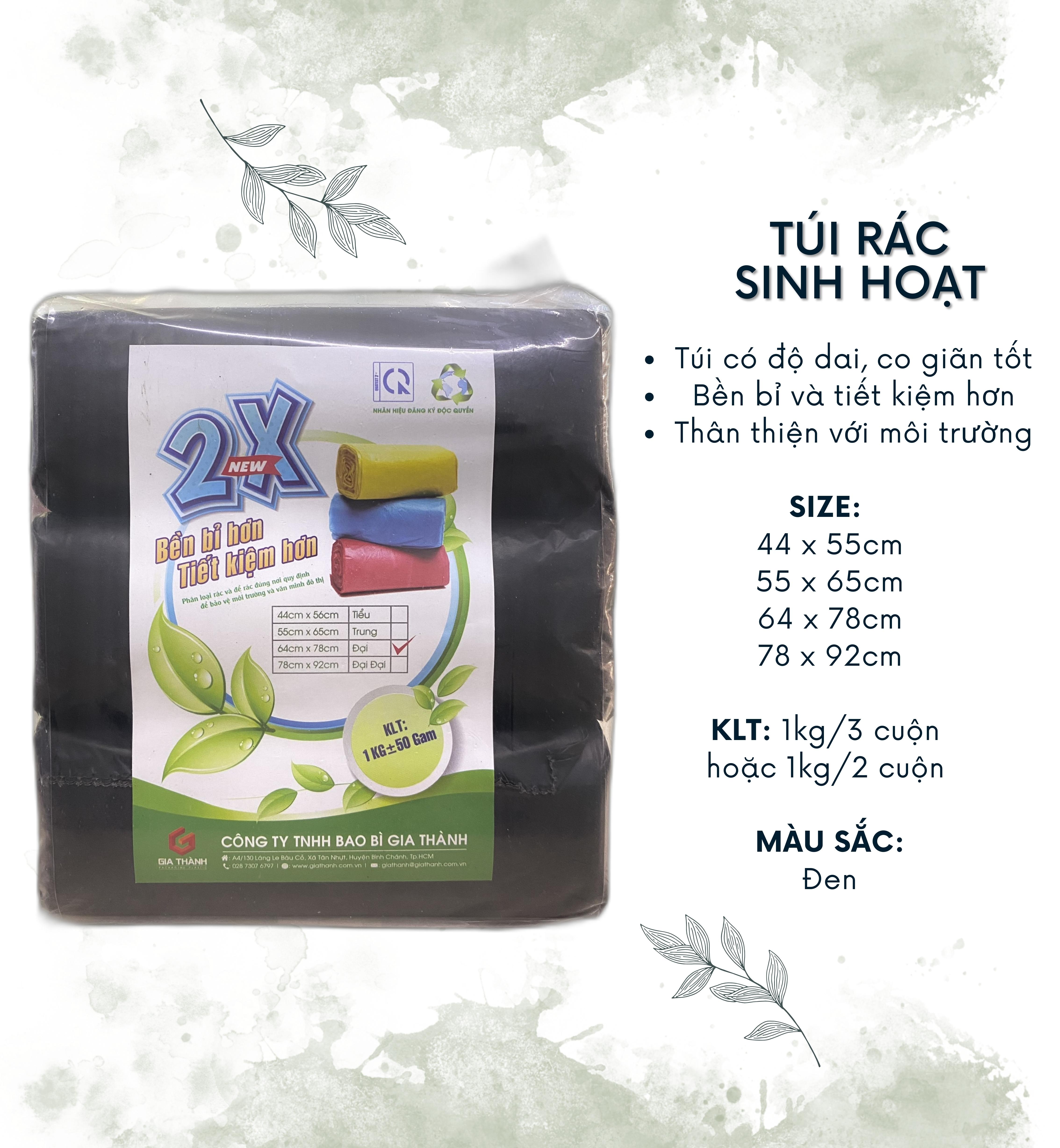 Túi đựng rác sinh hoạt 44x55cm, 55x65cm, 64x78cm, 78x92cm cao cấp thân thiện môi trường (2-3 cuộn đen, 1kg)