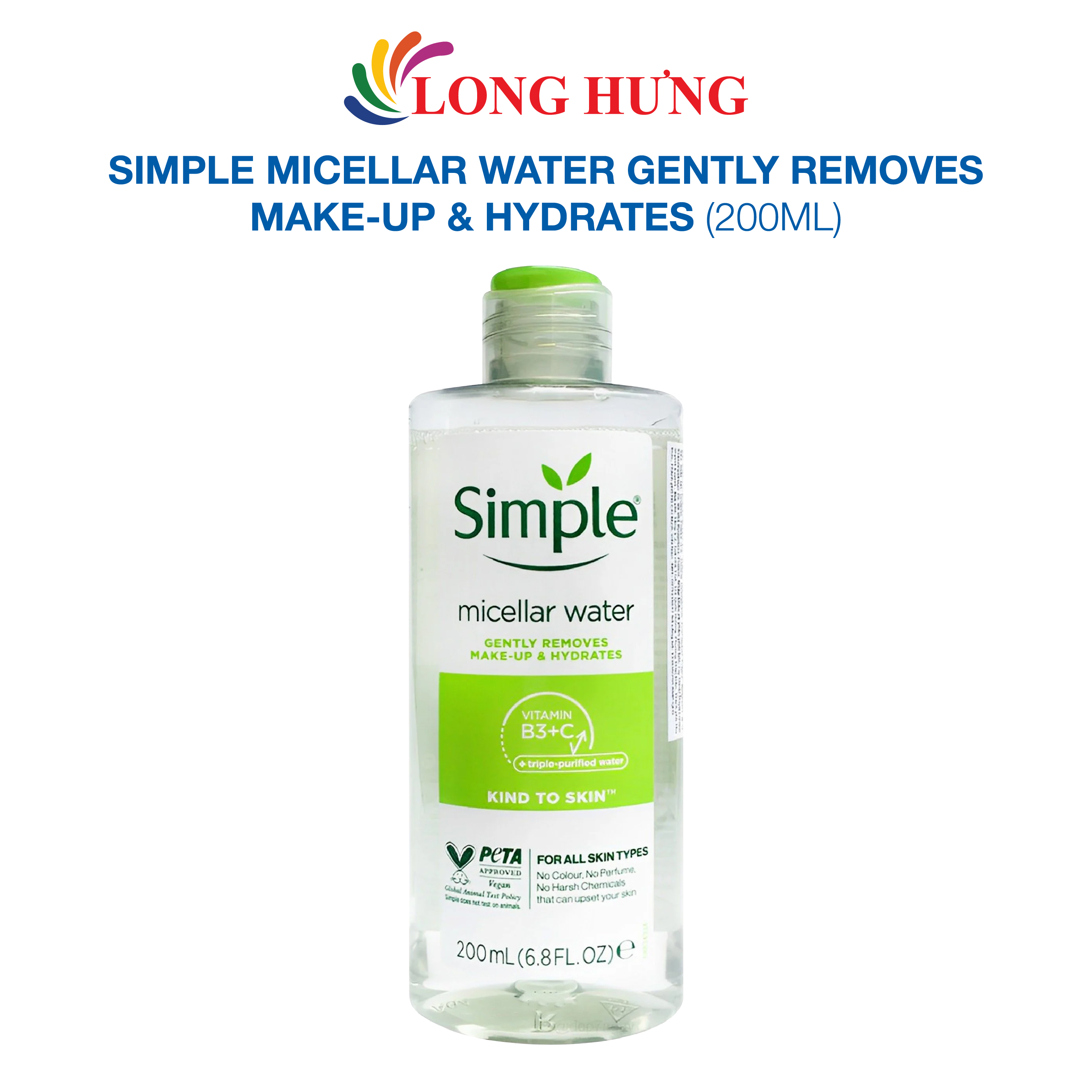 Nước tẩy trang Simple Micellar Water Gently Removes Make-up &amp; Hydrates làm sạch và cấp ẩm cho da (200ml) - Hàng chính hãng - 200ml