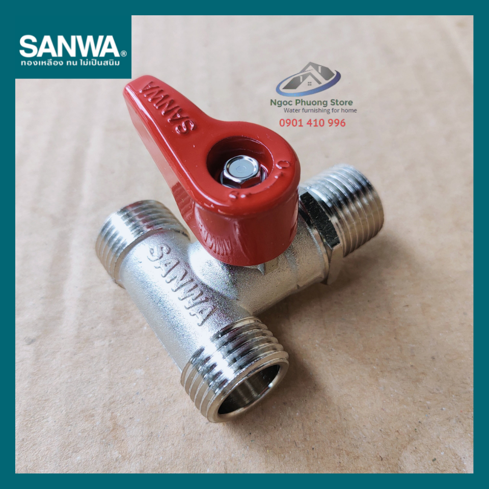 Van khóa nước bằng đồng chia 3 đường nước, 3 đầu ren ngoài SANWA THÁI LAN Phi 21mm BV15MMM