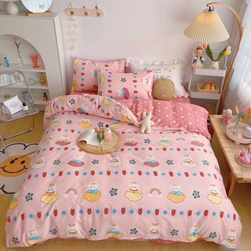 Bộ Chăn Ga Gối Cotton Living 100%côtton Hàng Nhập Khẩu Cao Cấp 4 Món Thỏ Hồng