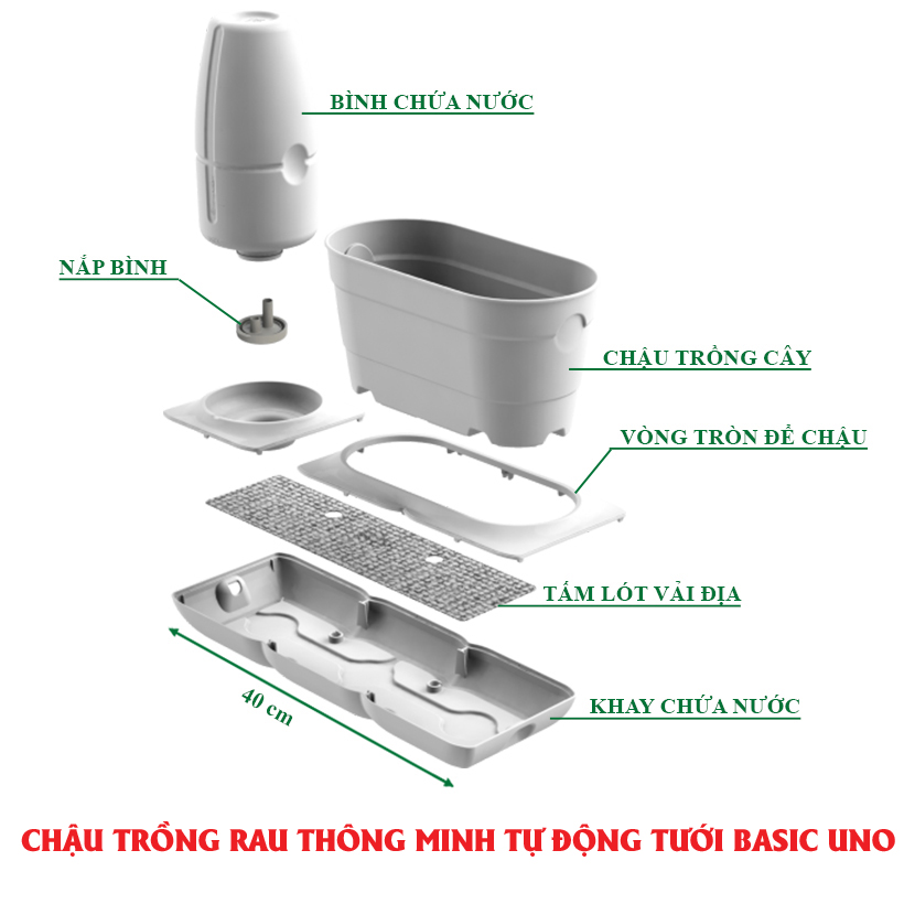 CHẬU TRỒNG RAU THÔNG MINH TỰ ĐỘNG TƯỚI BASIC UNO, TƯỚI NƯỚC TỰ ĐỘNG TRONG 2 THÁNG, SỬ DỤNG 10 NĂM 