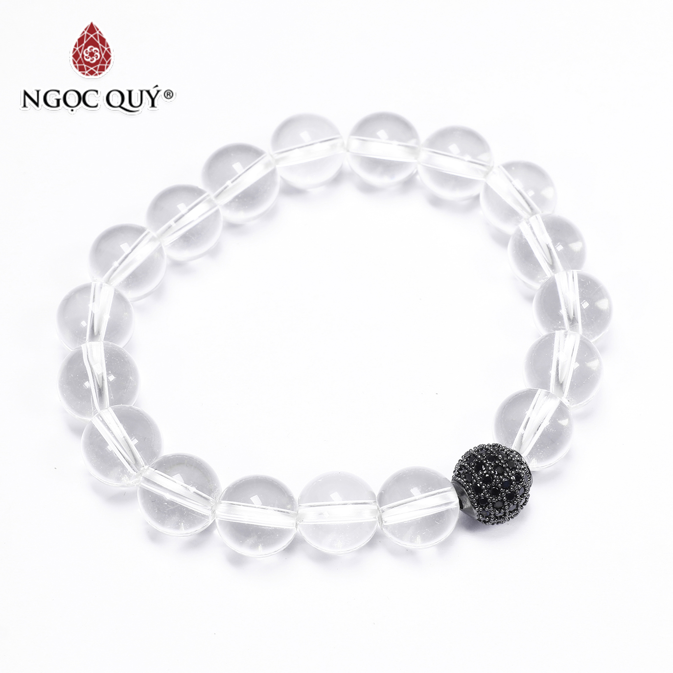 Vòng tay đá thạch anh trắng phối charm hợp kim đen đính đá 8mm mệnh thủy, kim - Ngọc Quý Gemstones