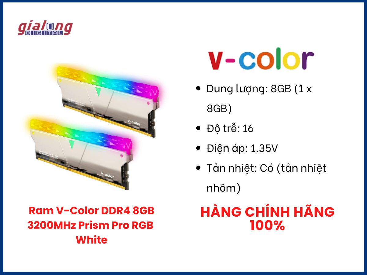 Ram V-Color DDR4 8GB 3200MHz Prism Pro RGB  White - Hàng chính hãng