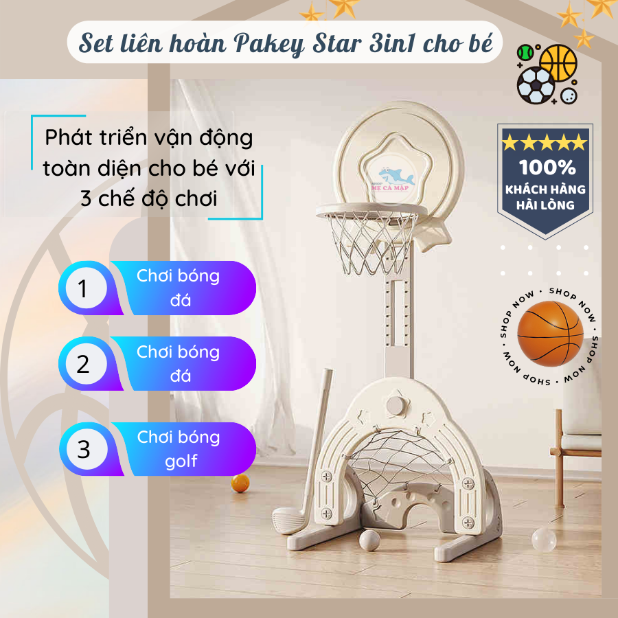 Đồ chơi STAR cho bé đa chức năng, chơi Bóng đá Bóng rổ Golf sẵn 3 màu giúp phát triển chiều cao vượt bậc