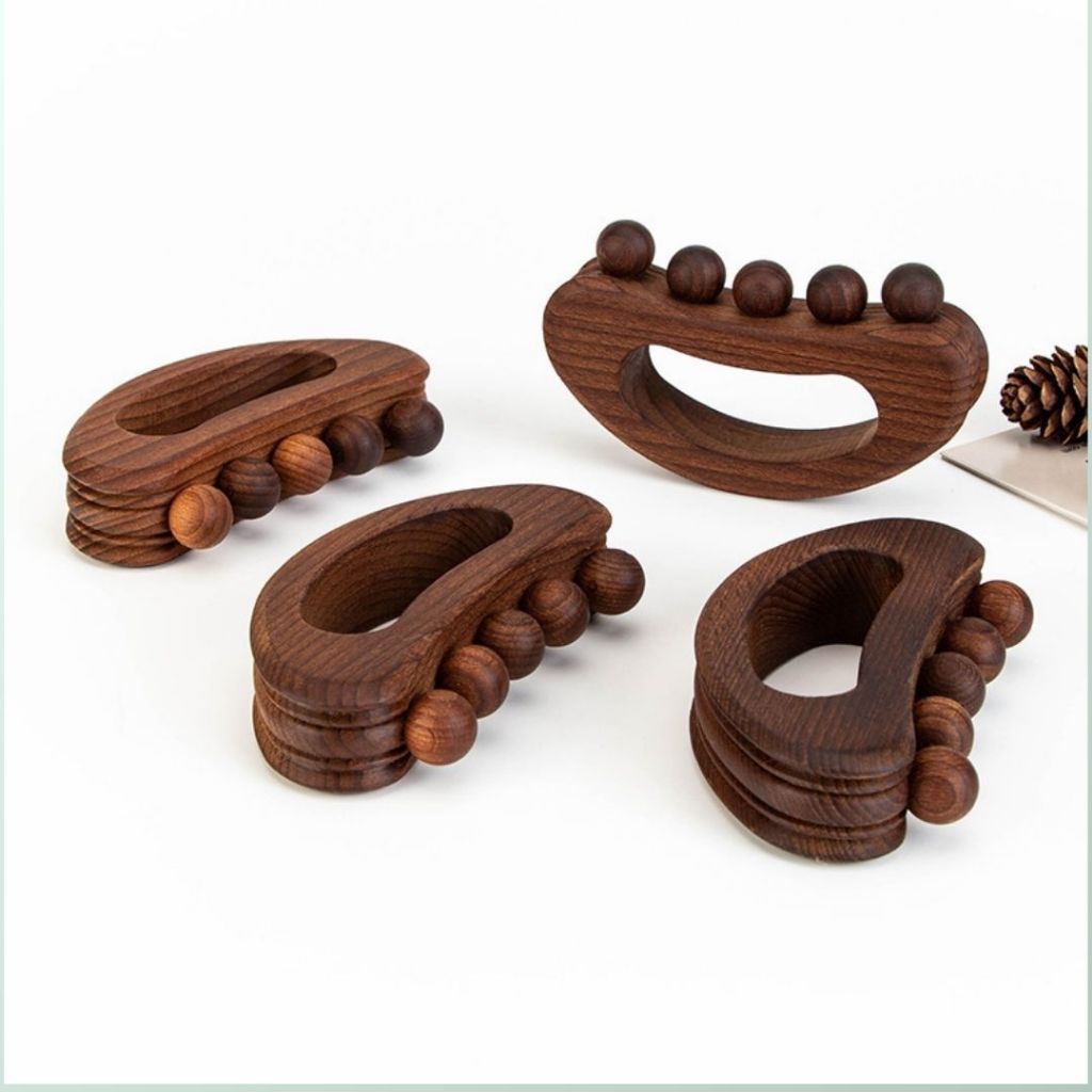Dụng Cụ Massage Huyệt Đạo 5 Hạt Bi Bằng Gỗ Tay Cầm Chữ D Dài 13Cm