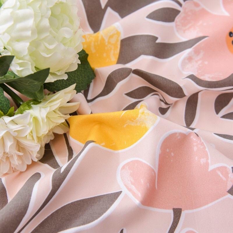 Bộ Chăn Ga Gối Cotton Poly Hoa Lá Hồng