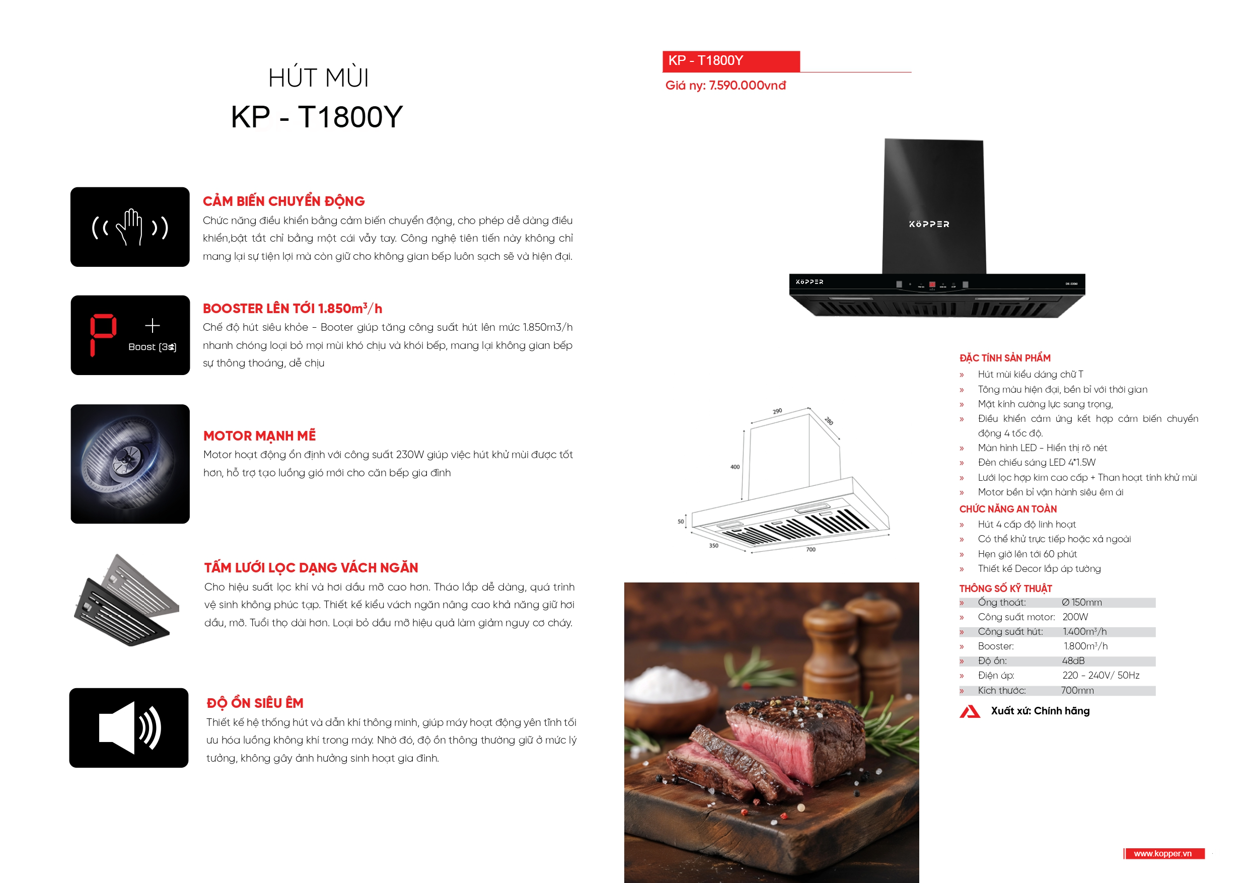 Máy Hút Mùi Cao Cấp KP - T1800Y Hàng Chính Hãng