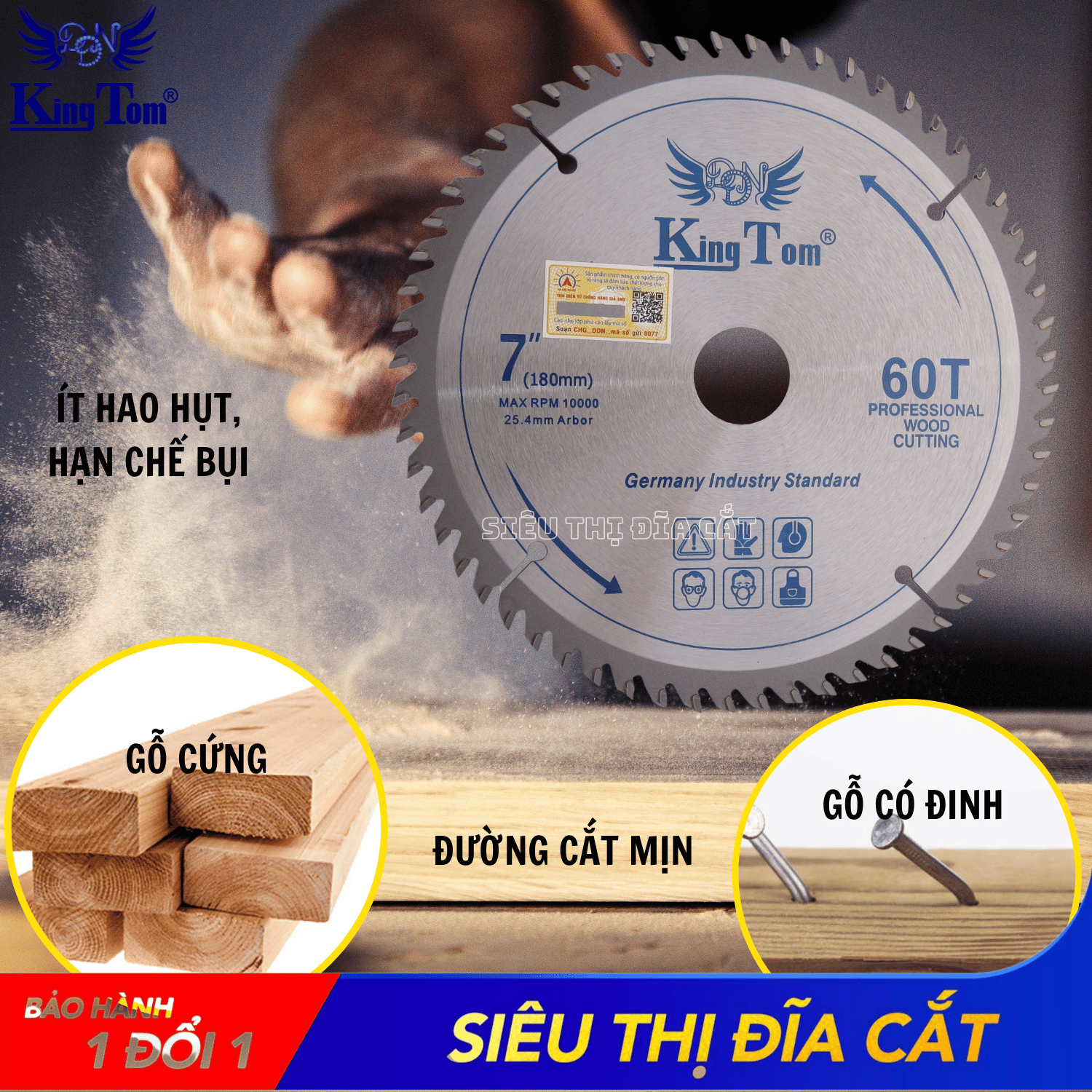 Lưỡi Cưa - Lưỡi Cắt Gỗ Cao Cấp 180-60 Răng KingTom - Chuyên Gỗ Cứng, Gỗ Có Đinh