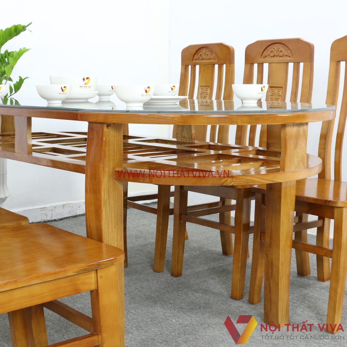 Bộ Bàn Ăn Oval 2 Tầng Gỗ Sồi Màu Cánh Gián