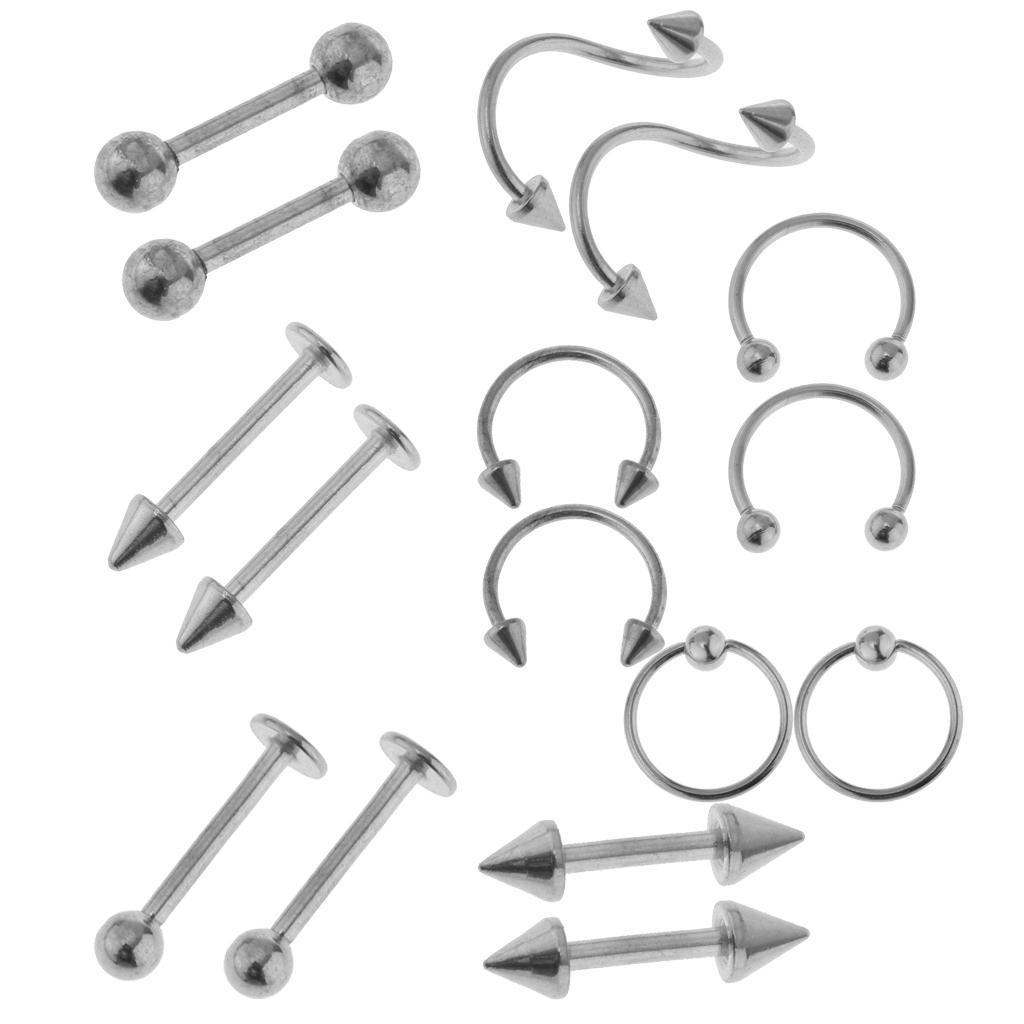 16pcs 16G Stainless Steel Curved Barbell Spike Nose Navel Eyebrow Tongue Ring
