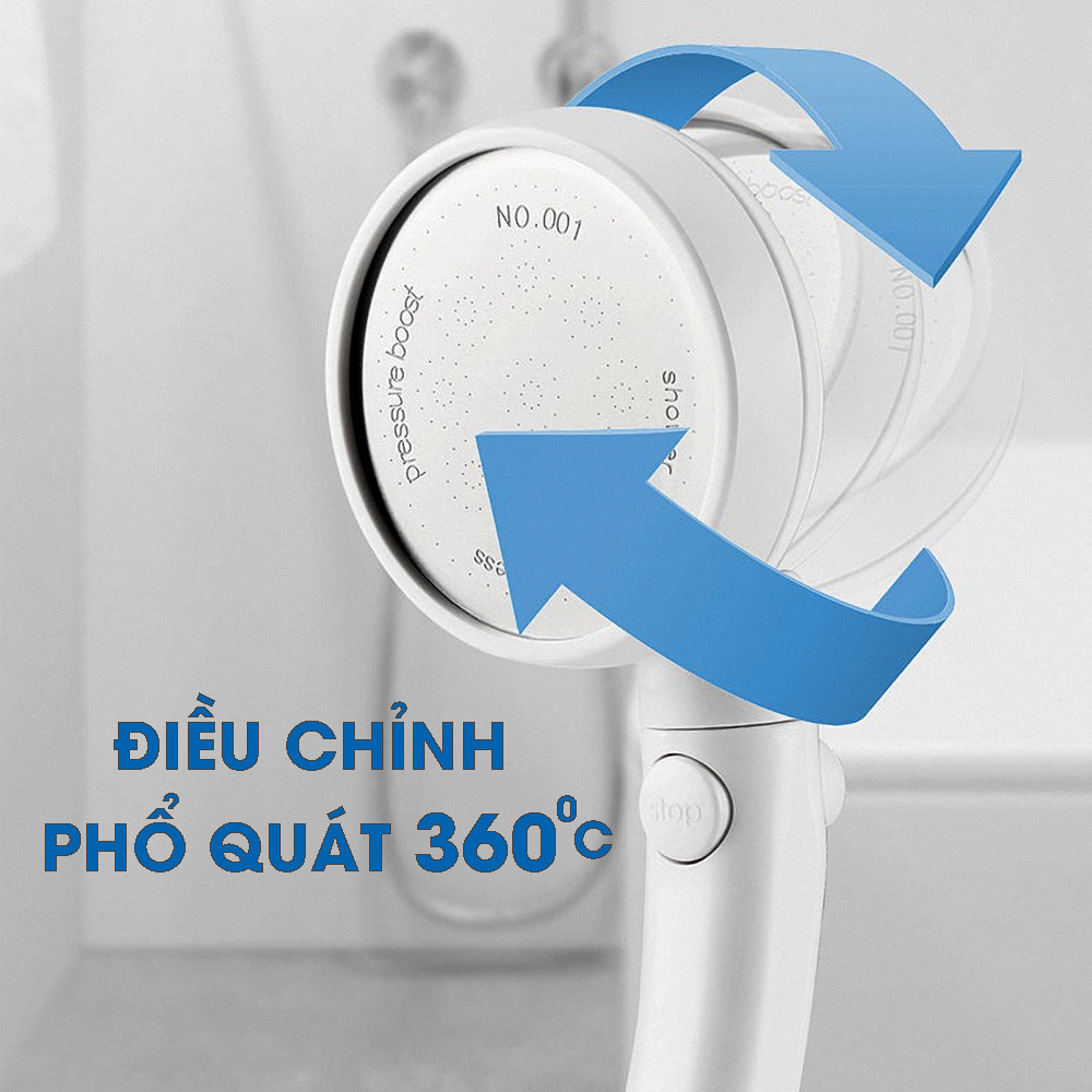 Vòi nước hoa sen áp lực Nhật bản, tiết kiệm nước, gật gù, cổ xoay 360 độ, có nút tắt mở Stop trên thân vòi tiện lợi Mihoco 122