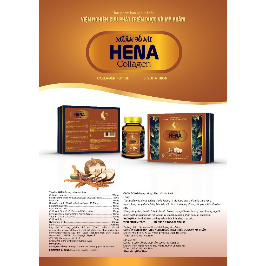 Xuân Tố Nữ HeNa Collagen. Hộp 2 Lọ 60 Viên. Cải Thiện Nội Tiết Tố, Bốc Hỏa Trắng Da Và Giảm Nám Tàn Nhang.