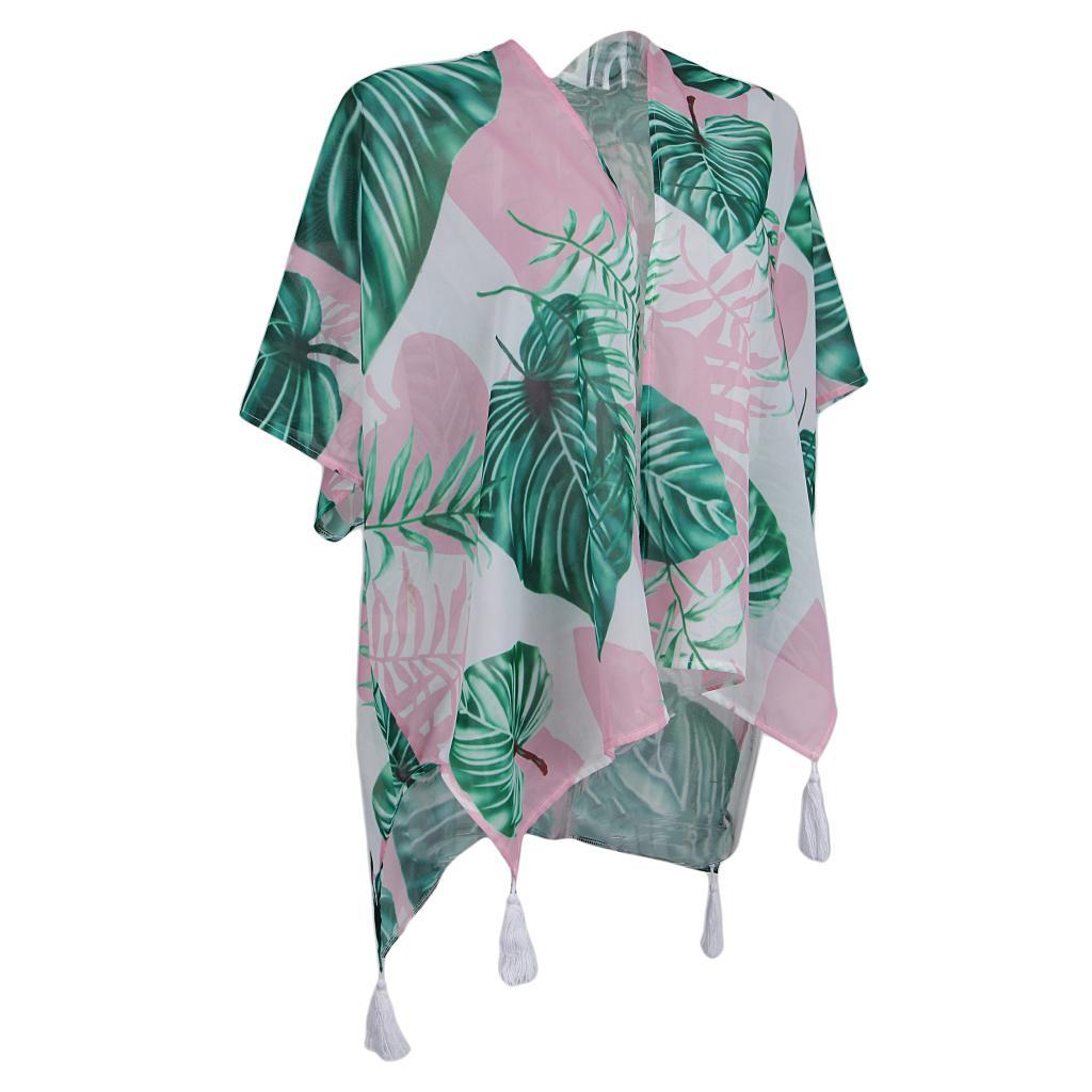 Women's Beach Cover Up Kimono Cardigan Tropical Leaves Tassels Design Soft Chiffon Blouse Shawl Top M-XL