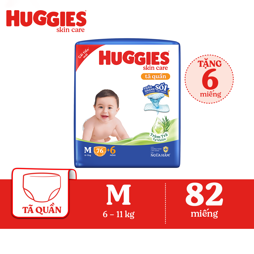 Tã quần Huggies Skin Care Super Jumbo M76+6 miếng với tràm trà dịu da