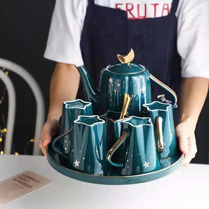 Bộ bình cốc sứ kèm khay họa tiết Trăng Sao - Bình trà phong cách Bắc Âu