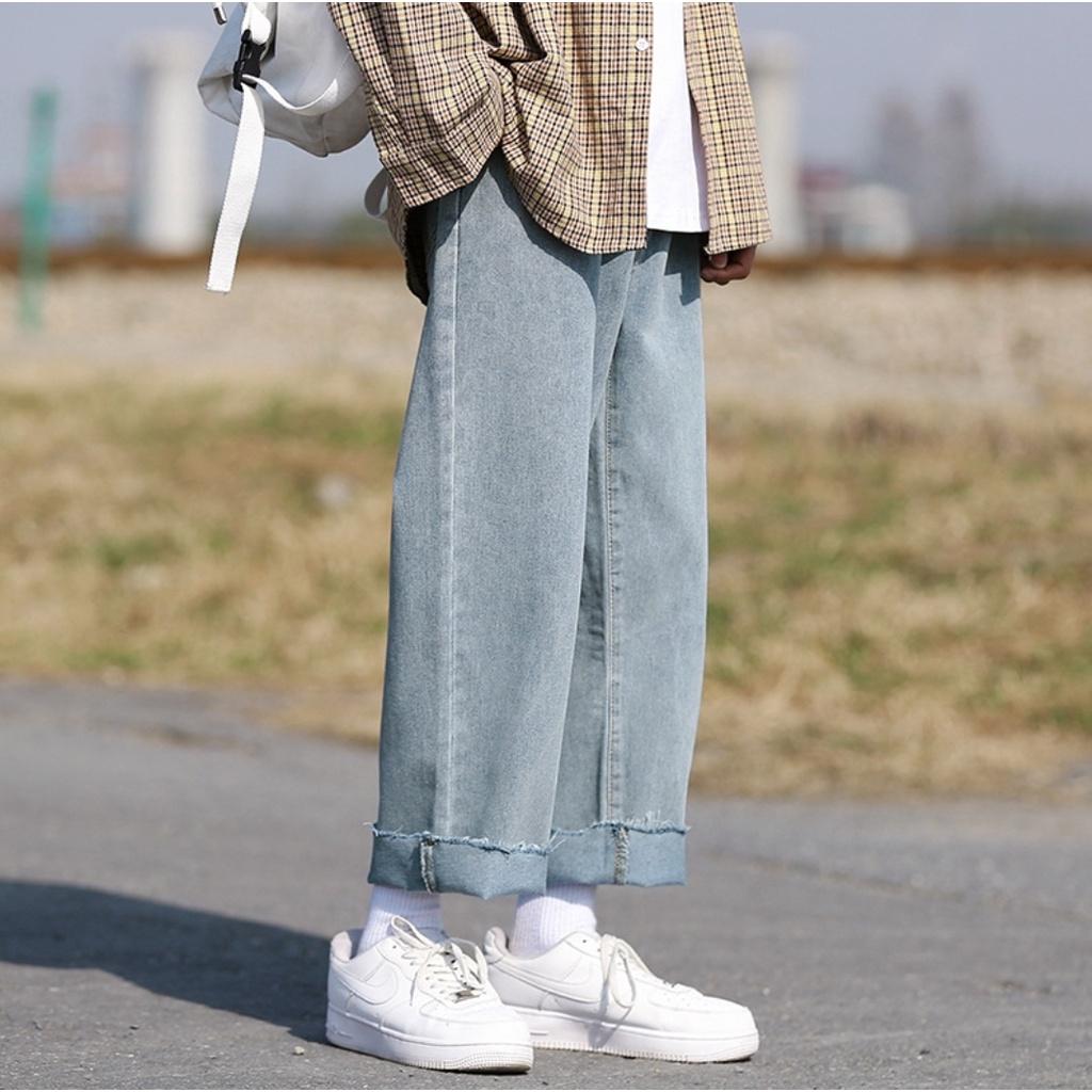 Quần Jean giá rẻ MEANSTORE nam nữ phong cách Hàn Quốc ống suông form rộng - màu xanh