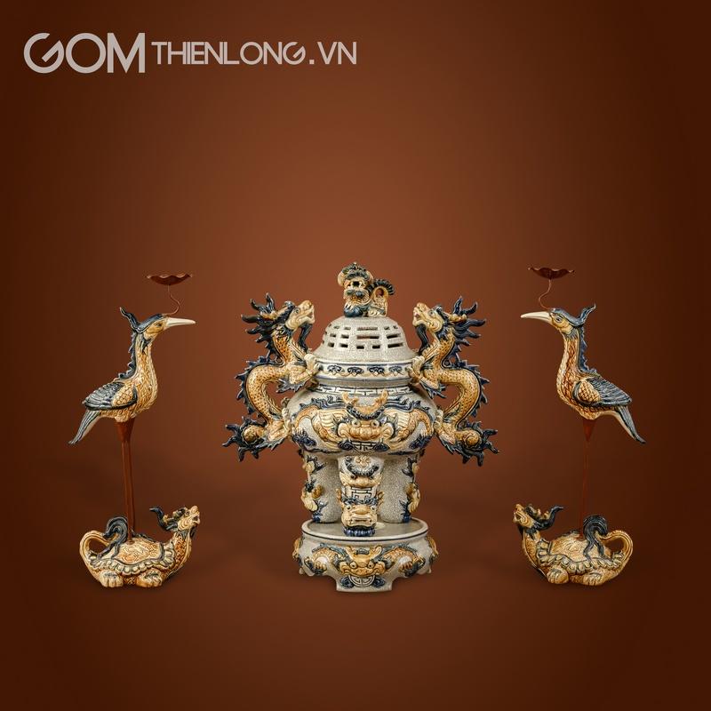 Lư Hương - Bộ Ngũ Sự Men Rạn Đắp Nổi Rồng - Đồ Thờ Bát Tràng  - Gốm Thiên Long