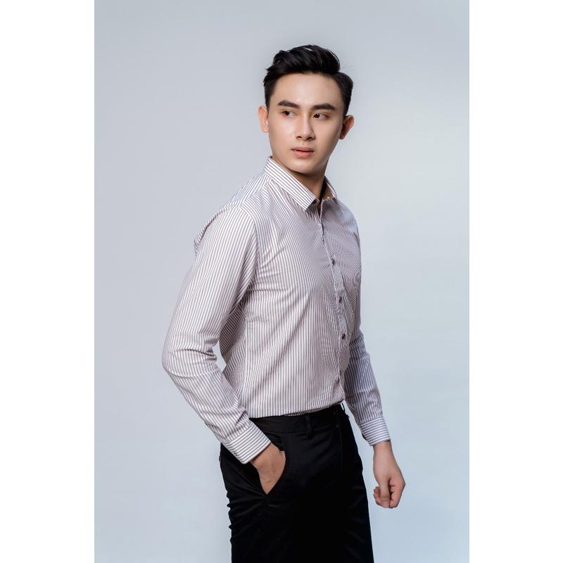 OWEN - Áo sơ mi dài tay Owen Slimfit chất sợi tre màu trắng kẻ sọc nâu 61013