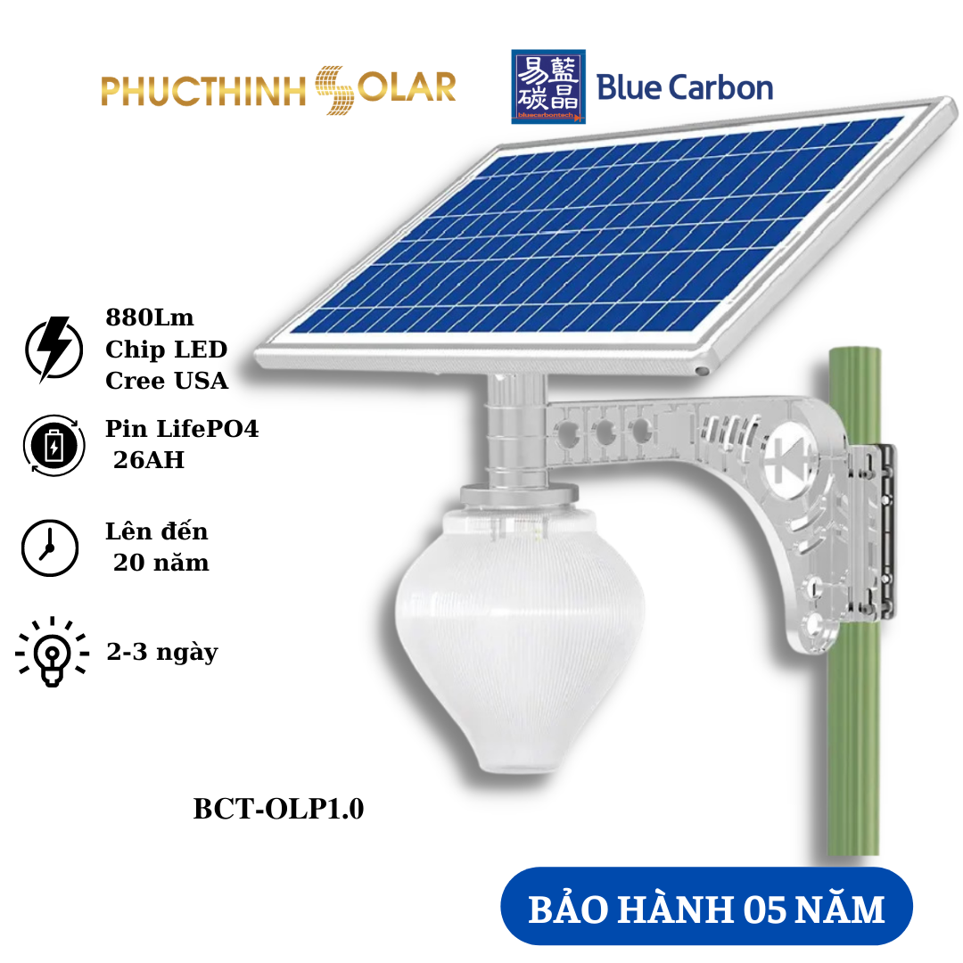 Đèn Sân Vườn Năng Lượng Mặt Trời 15W Blue Carbon BCT-OLP1.0 Đèn LED Cảm Biến Ánh Sáng, Chống Nước IP66 | Phúc Thịnh Solar