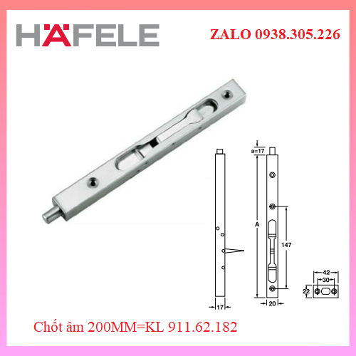 Chốt âm cho cửa dài 200mm, inox mờ Hafele 911.62.182
