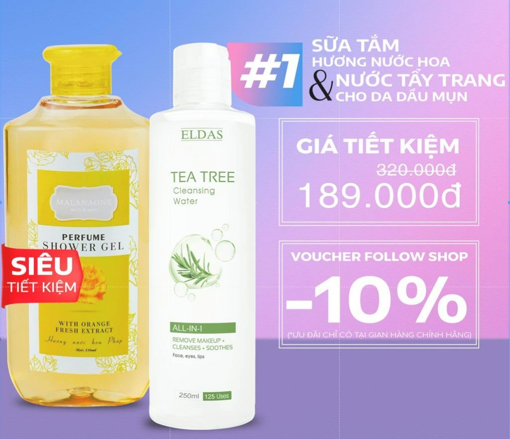 BỘ QUÀ TẶNG SỮA TẮM THƠM LÂU HƯƠNG NƯỚC HOA MALANAONE 330ML VÀ NƯỚC TẨY TRANG CHIẾT XUẤT TRÀM TRÀ ELDAS 250ML