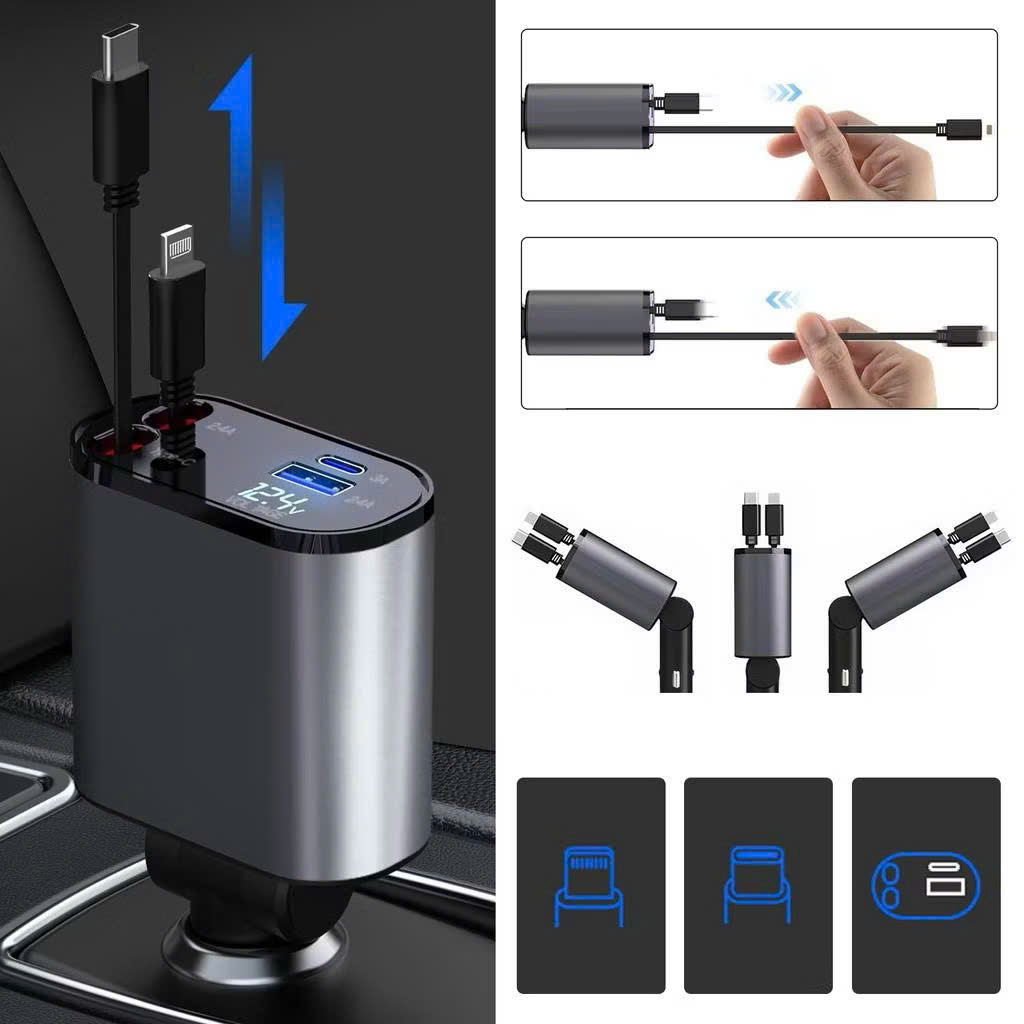 Tẩu Sạjc Nhanh Ô Tô 120W 4-in-1 – Sạc Siêu Nhanh, Có Đồng Hồ Báo Vôn Thông Minh, đèn trang trí