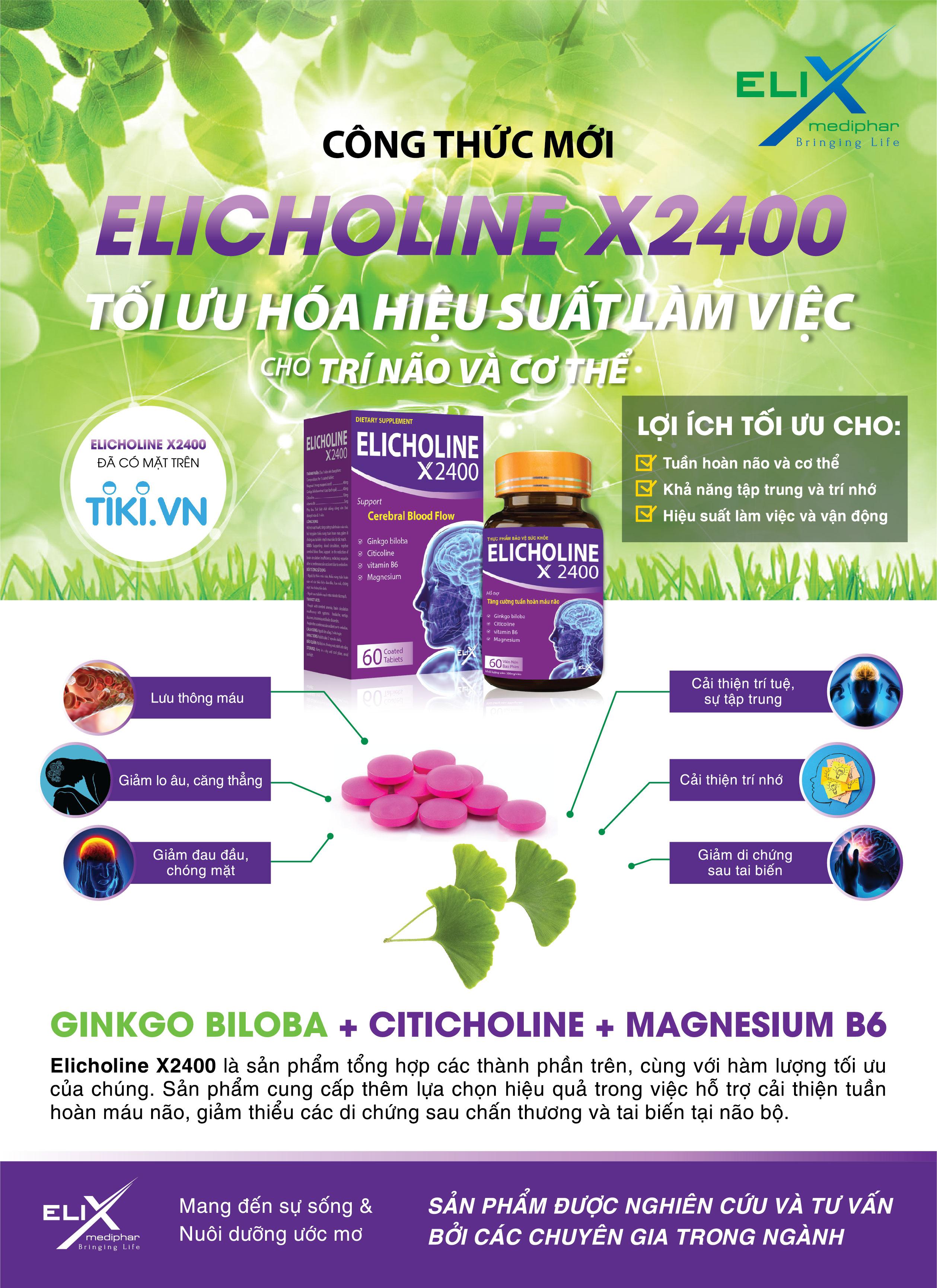 Combo 3 chai bổ não ELICHOLINE X2400 | Lộ trình 12 tuần hiệu quả | Trí tuệ, Trí nhớ, Tuần hoàn não | 180 viên