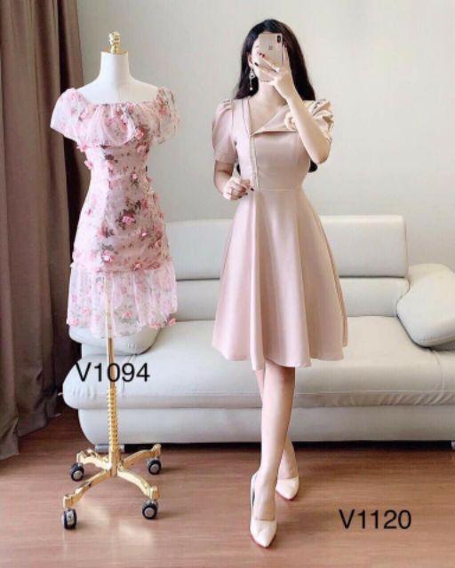 Váy cổ bẻ lệch kèm nơ xinh xắn