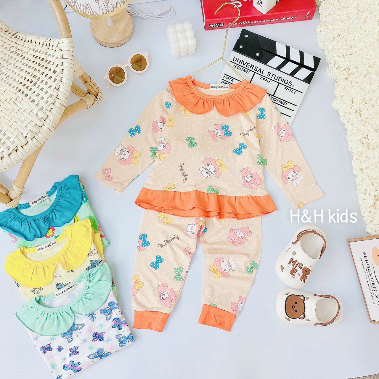 Đồ Bộ Dài Tay Bé Gái Thun Lạnh Minky Cổ Lá Sen Hình Thỏ Hồng Hạc Hoa Cúc