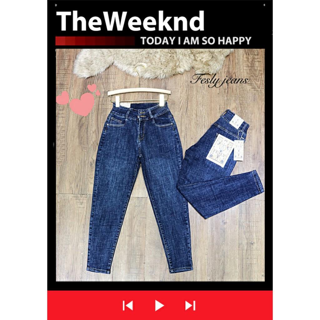Quần Jeans Nữ Baggy Xanh Hai Khuy Cạp Cao