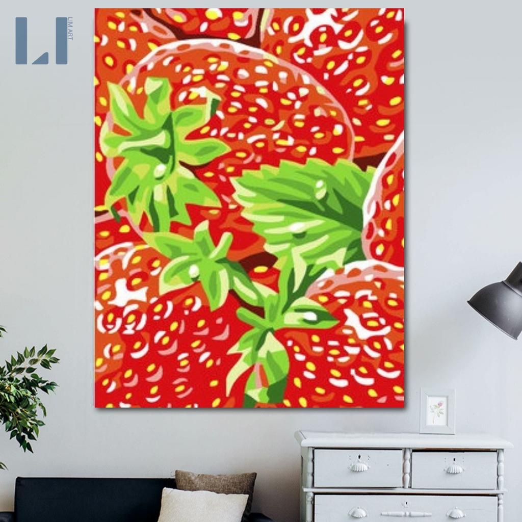 Tranh sơn dầu số hóa có khung - Tranh tô màu theo số trái cây dâu, cherry, táo