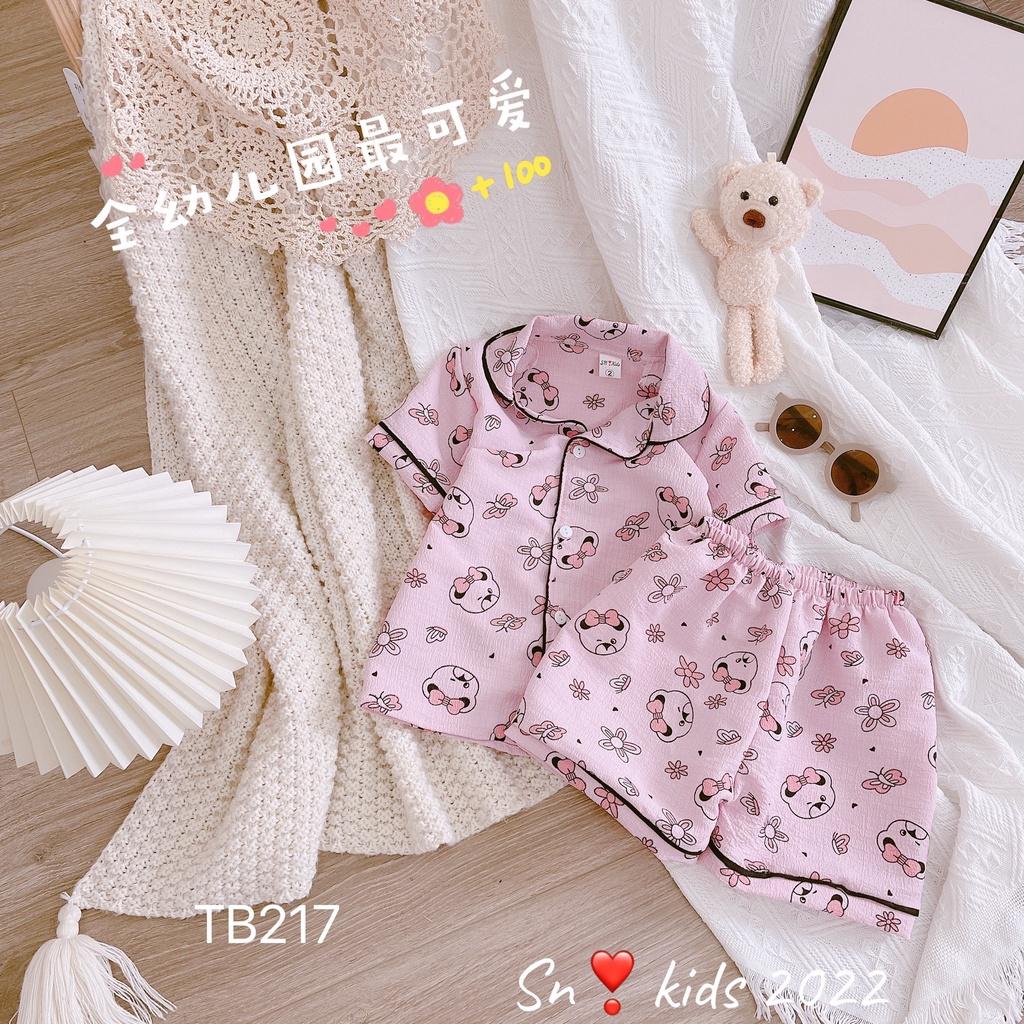 Bộ pyjama cộc tay cho bé gái vải đũi xốp thoáng mát, mềm mại, nhiều màu sắc và họa tiết size từ 10 đến 20 kg