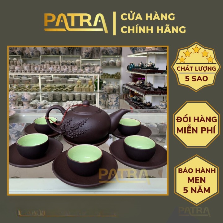 Bộ ấm chén uống trà cao cấp, bộ ấm trà Bát Tràng - trường sa hoa mai lòng chén xanh
