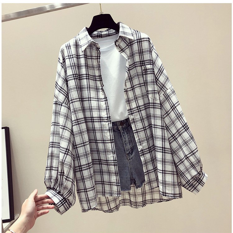Áo sơ mi nữ kẻ caro tay bồng dáng thụng ulzzang/ Áo chống nắngthời trang hàn quốc Mã 59