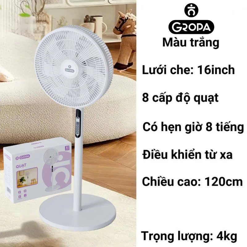 Quạt Cây Đứng GROPA 16 Inch Điều Khiển Từ Xa 8 Cấp Độ Gió Hẹn Giờ 8 Tiếng Siêu Êm Tiết Kiệm Điện 40W - HÀNG CHÍNH HÃNG MINIIN
