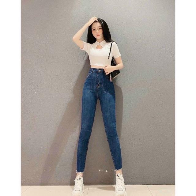 Quần jeans ôm body lưng siêu cao nút kiểu , quần jeNs nữ quần bò nữ lưng cao có túi