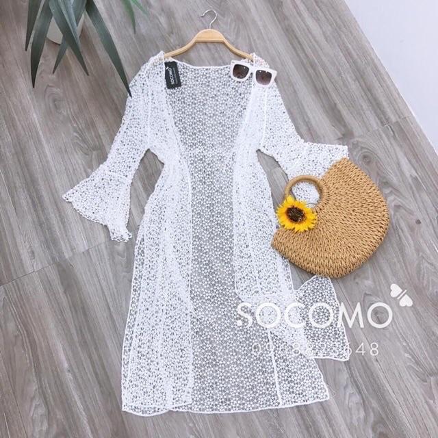 Set ren đi biển áo bra-áo choàng dài- quần sóc ren