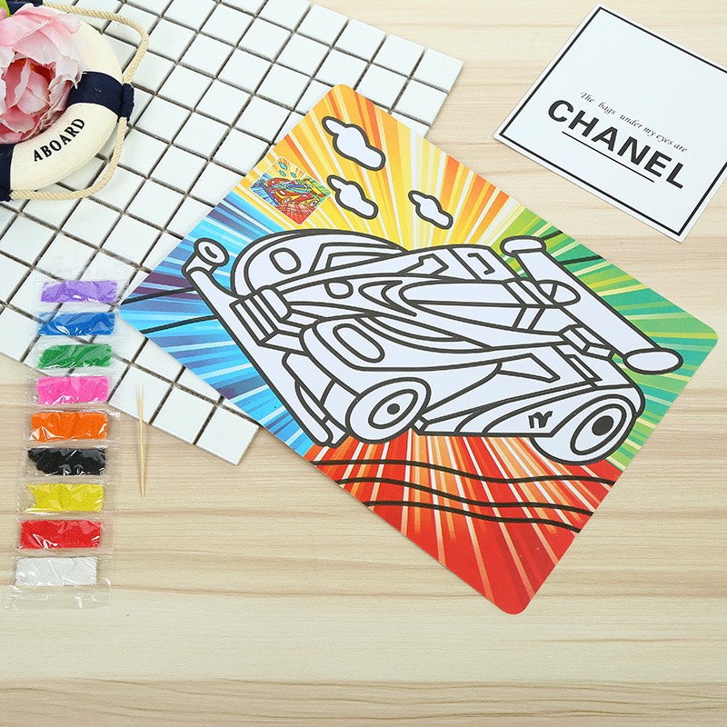Combo 10 tranh cát khổ A4 nền màu cho bé, có kèm cát màu đủ mẫu đồ chơi cho bé - Quà tặng phát triển kỹ năng cho bé