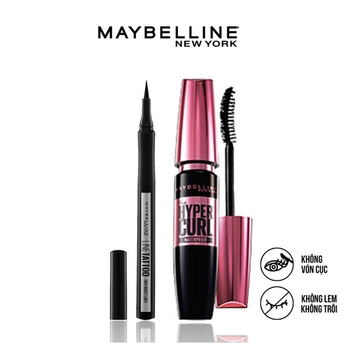 Bộ trang điểm mắt lâu trôi Mascara cong mi Hyper Curl và Bút kẻ mắt 36H không thấm nước Line Tatoo High Impact Maybelline New York