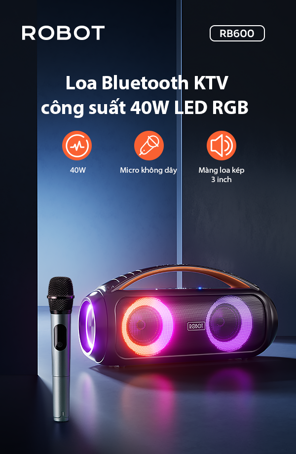 Loa Bluetooth KTV ROBOT RB600 Công Suất 40W LED RGB Micro Không Dây Màng Loa Kép 3 Inch - HÀNG CHÍNH HÃNG