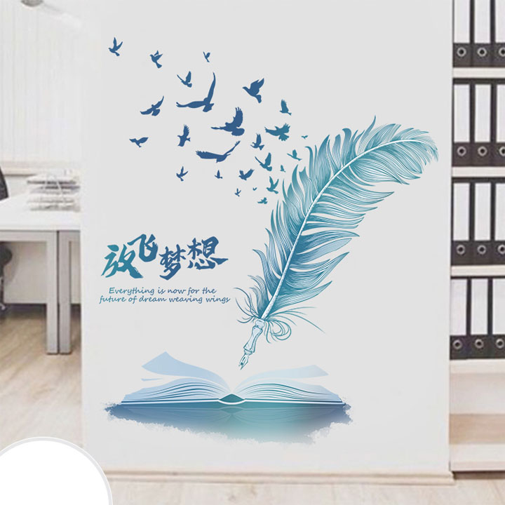 Decal dán tường chất liệu PVC loại 1 dày dặn, sắc nét, trang trí phòng khách- Lông chim thư pháp- mã sp QR9228