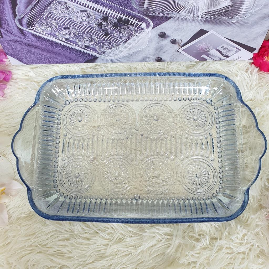 Dĩa Thủy Tinh Dài Để Ly/Cốc Hình Chữ Nhật, Khay Đựng Trái Cây, Bánh Mứt Thủy Tinh Cao Cấp Màu Xanh Hoa